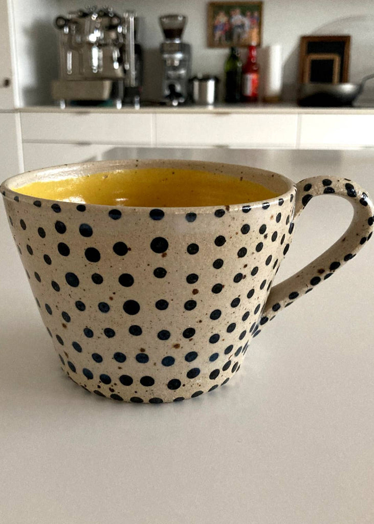 Polli Pots | Large Coffee Mug | Black Polka Dot, Yellow Inside