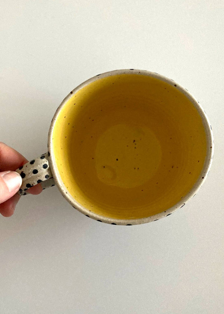 Polli Pots | Large Coffee Mug | Black Polka Dot, Yellow Inside