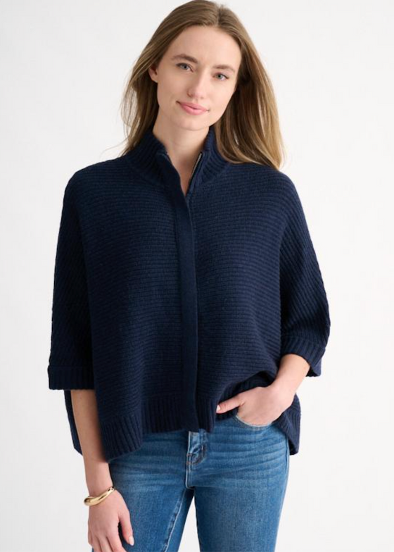 Kinross | Rib Zip Mock Short Sleeve Cardigan | Navy