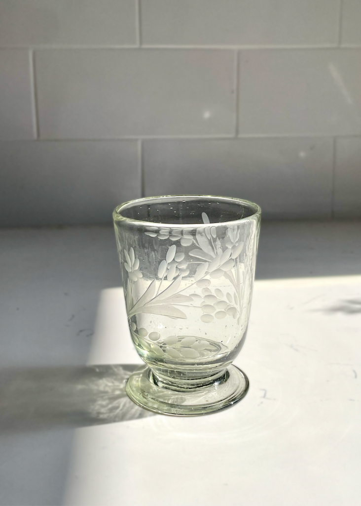 Recycled Hand-Blown Etched Footed Glass Wine Glass