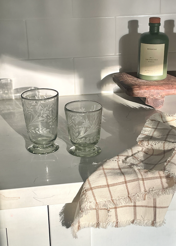 Recycled Hand-Blown Etched Footed Glass