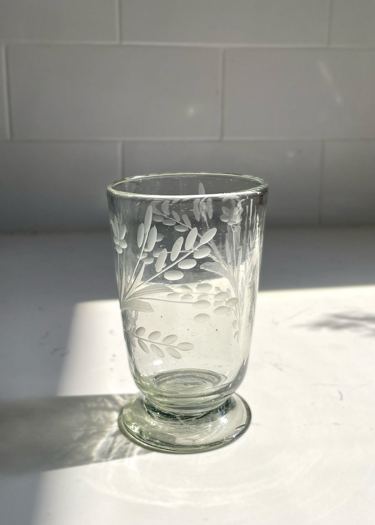 Recycled Hand-Blown Etched Footed Glass Water Glass