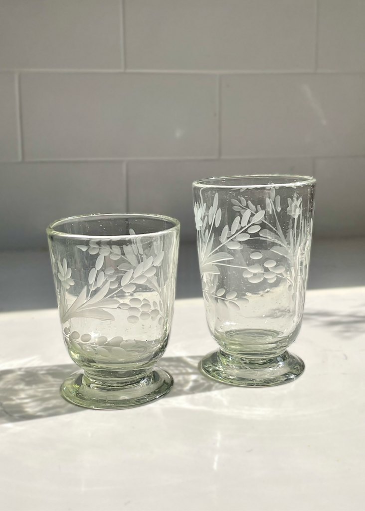 Recycled Hand-Blown Etched Footed Glass