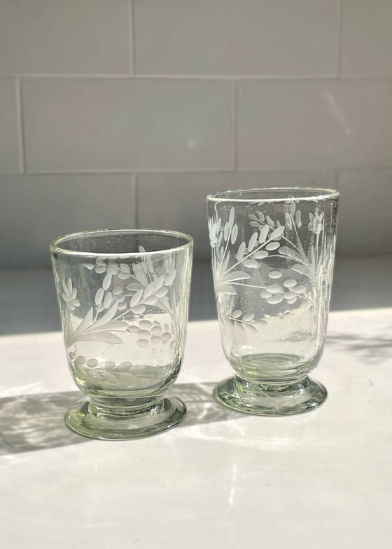 Recycled Hand-Blown Etched Footed Glass