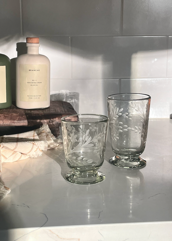 Recycled Hand-Blown Etched Footed Glass