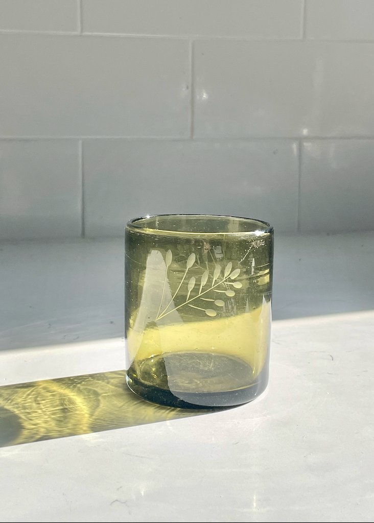 Recycled Hand-Blown Etched Tumbler | Olive Green Water Glass