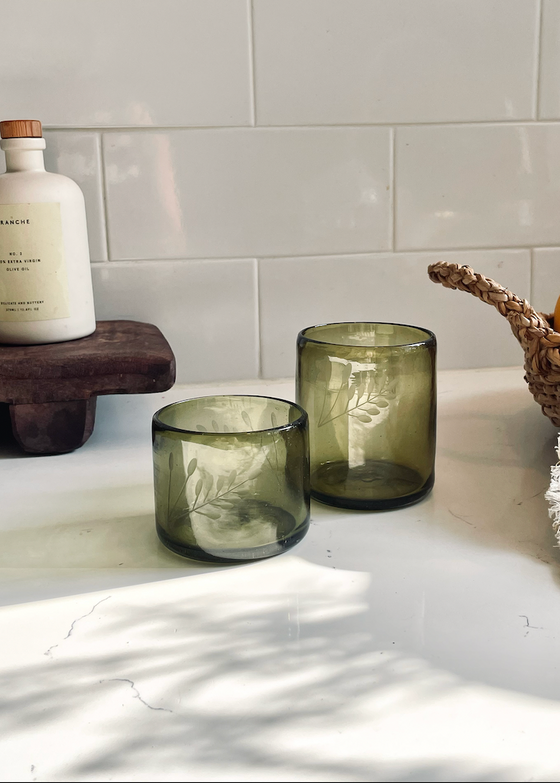 Recycled Hand-Blown Etched Tumbler | Olive Green