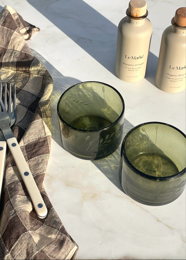Recycled Hand-Blown Etched Tumbler | Olive Green