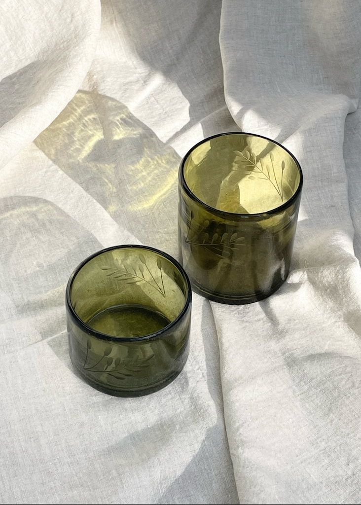 Recycled Hand-Blown Etched Tumbler | Olive Green