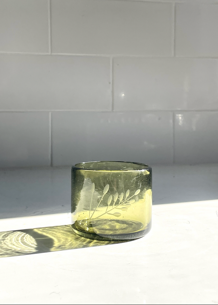 Recycled Hand-Blown Etched Tumbler | Olive Green Wine Glass