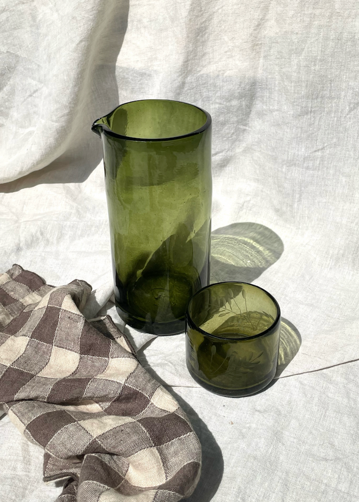 Recycled Hand-Blown Glass Pitcher | Olive Green