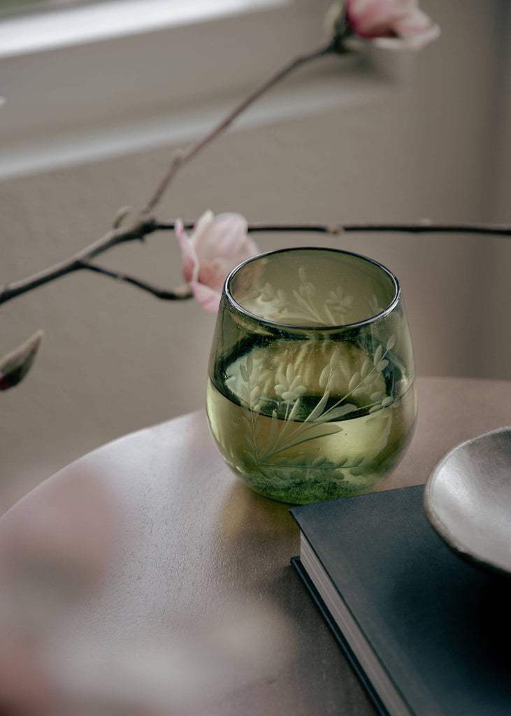 Recycled Hand-etched Blown Oval Glass | Olive Green