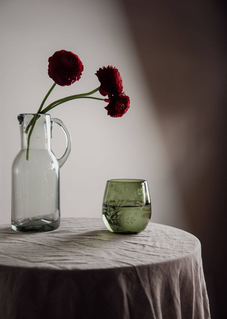 Recycled Hand-etched Blown Oval Glass | Olive Green