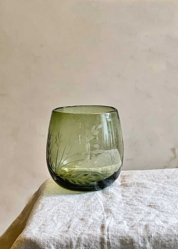 Recycled Hand-etched Blown Oval Glass | Olive Green