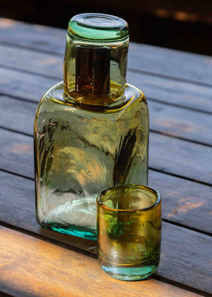 Recycled Handblown Glass | Bedside Carafe Set | Amber/Aqua