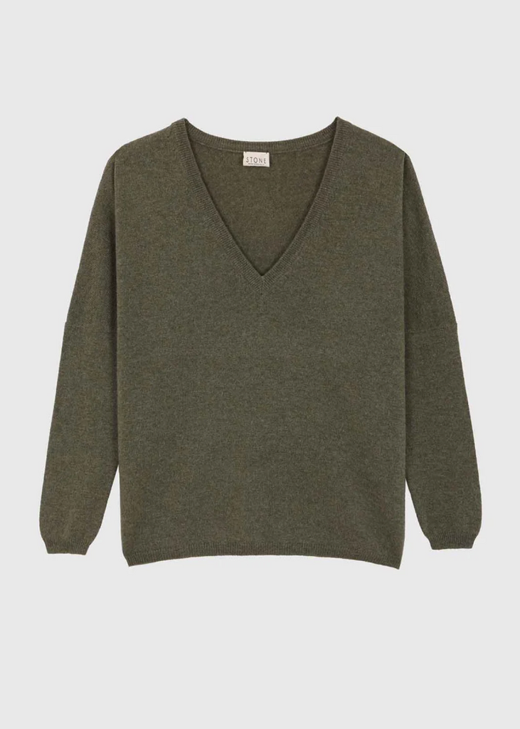 Stone Cashmere | V Neck Sweater | Olive