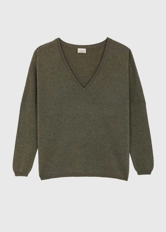 Stone Cashmere | V Neck Sweater | Olive