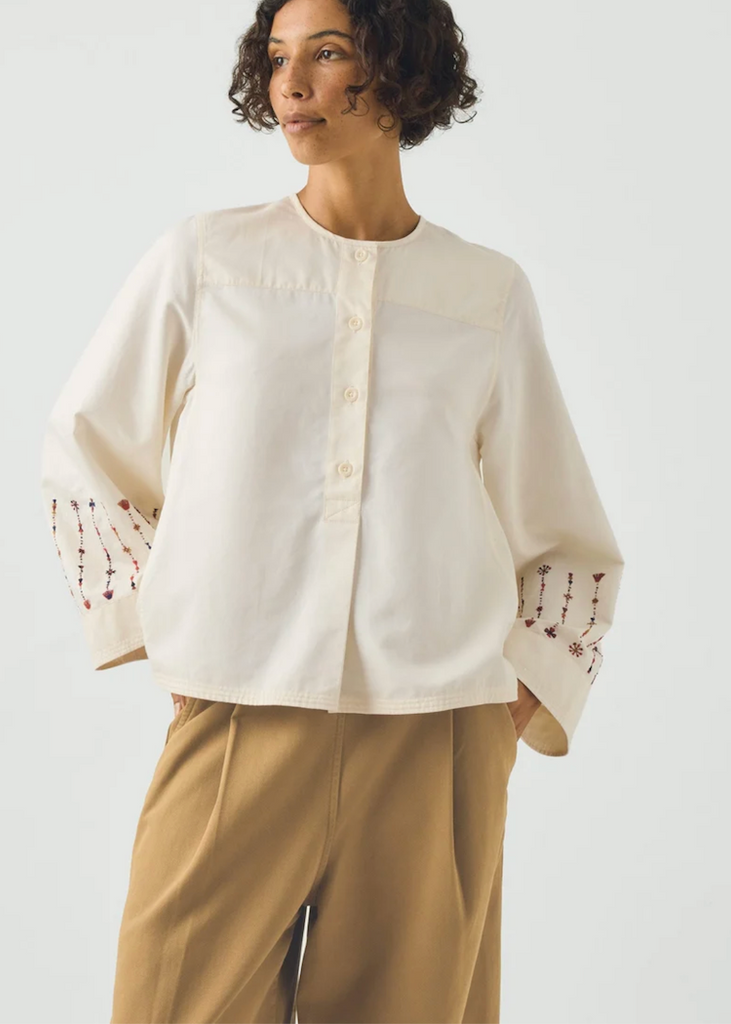 TOAST | Embroidered Sleeve Cotton Satin Top