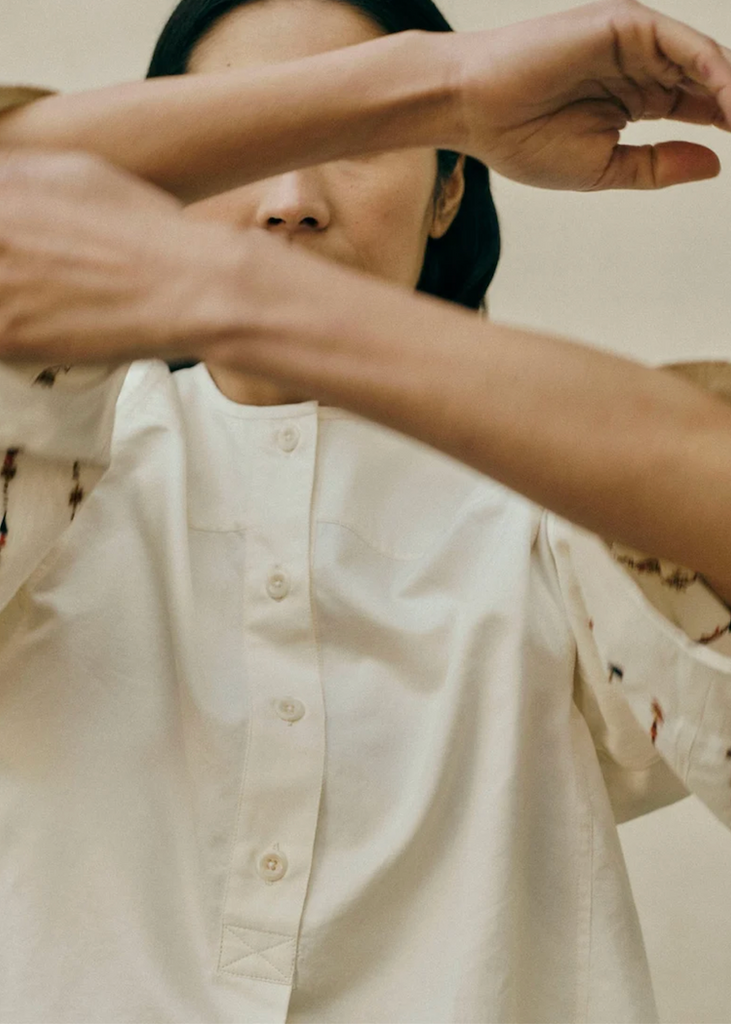 TOAST | Embroidered Sleeve Cotton Satin Top