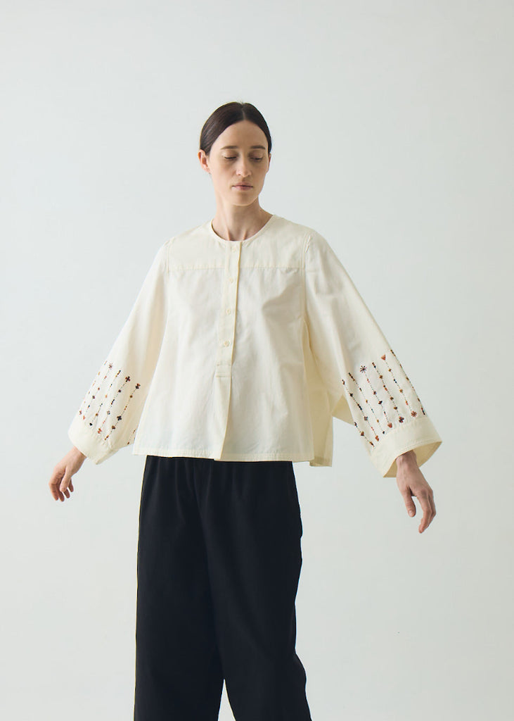 TOAST | Embroidered Sleeve Cotton Satin Top