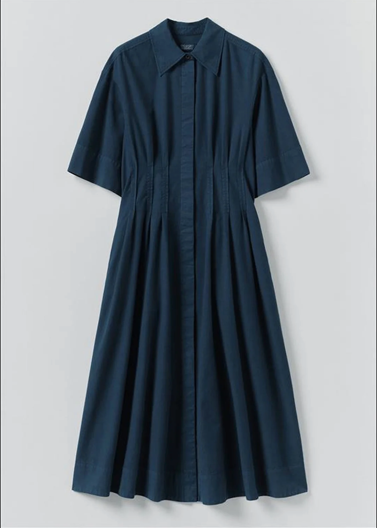 TOAST | Pleated Cotton Linen Dress Mid Blue / 4 TOAST | Pleated Cotton Linen Dress Mid Blue / 4