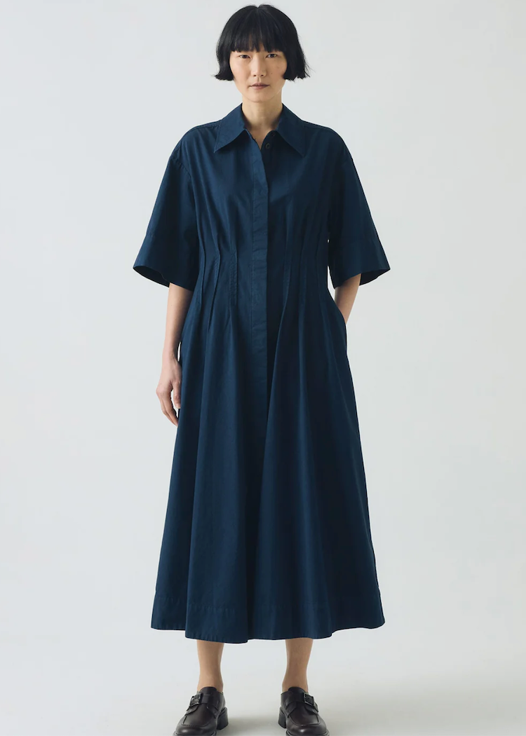 TOAST | Pleated Cotton Linen Dress Mid Blue / 4 TOAST | Pleated Cotton Linen Dress Mid Blue / 4