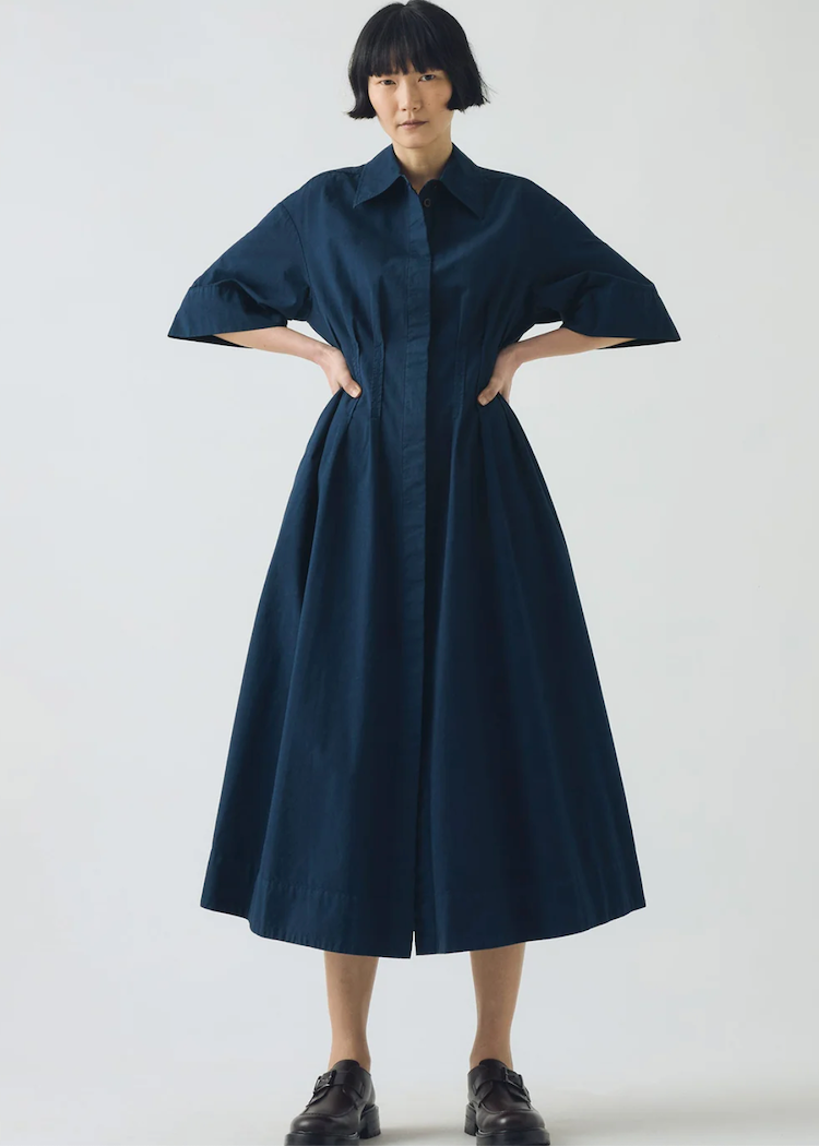 TOAST | Pleated Cotton Linen Dress Mid Blue / 4 TOAST | Pleated Cotton Linen Dress Mid Blue / 4