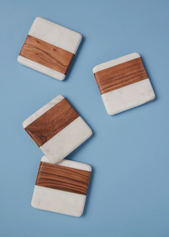 White Marble & Wood Square Coasters | Set of 4