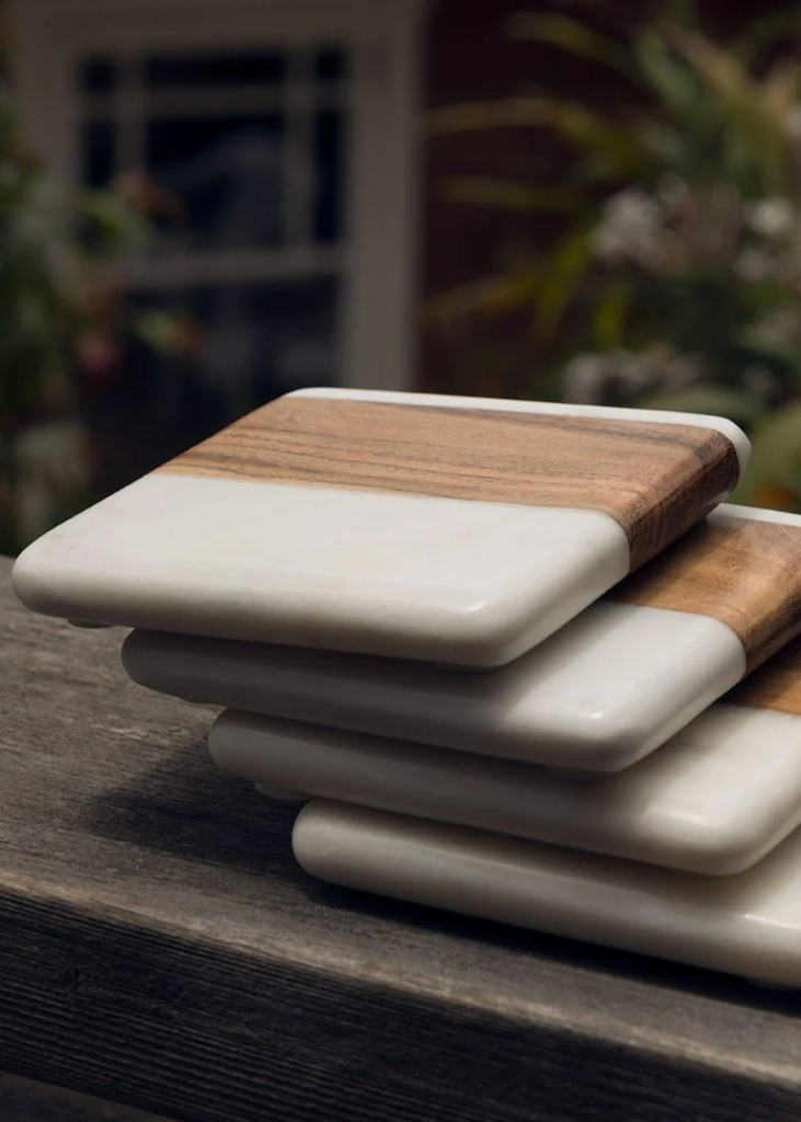 White Marble & Wood Square Coasters | Set of 4