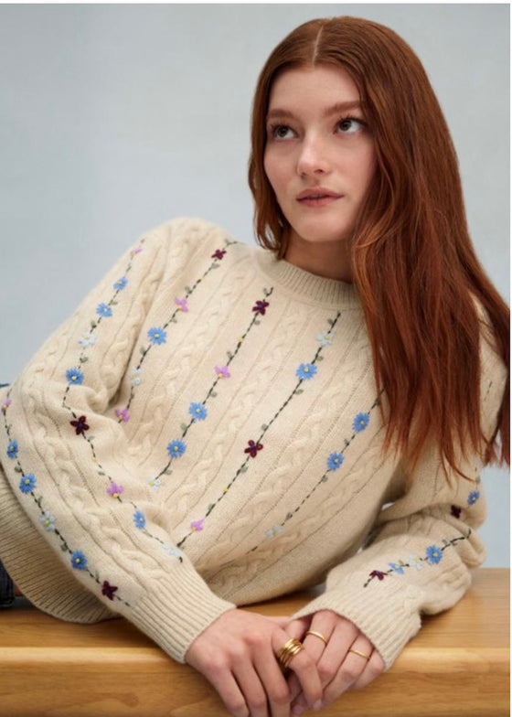 White + Warren | Cashmere Floral Embroidered Cable Crewneck
