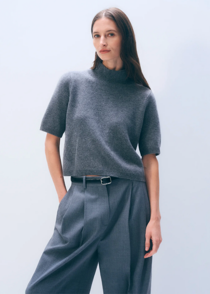 White + Warren | Cashmere Mockneck Tee in Graphite Heather