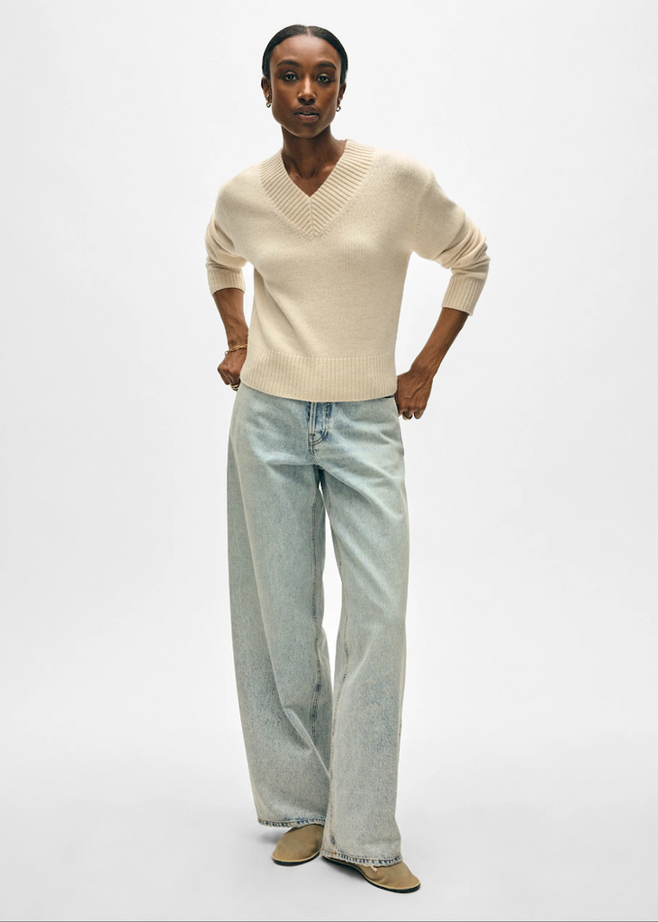 White + Warren | Cashmere Wide Rib Trim VNeck