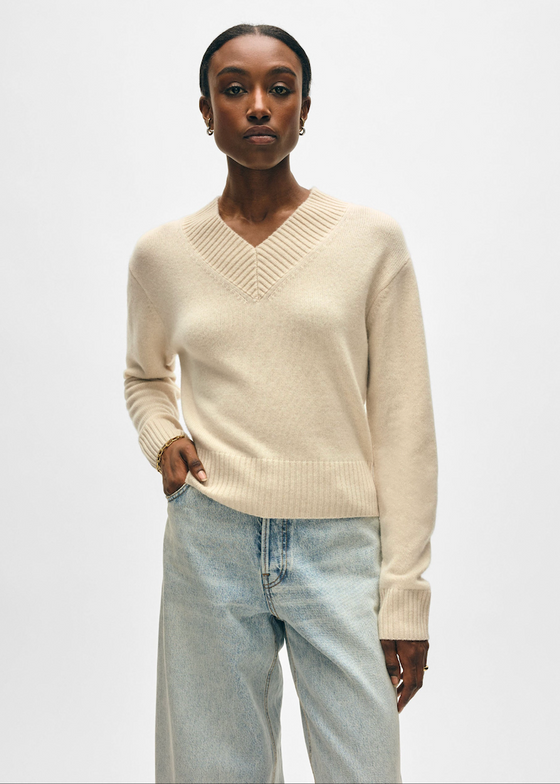 White + Warren | Cashmere Wide Rib Trim VNeck