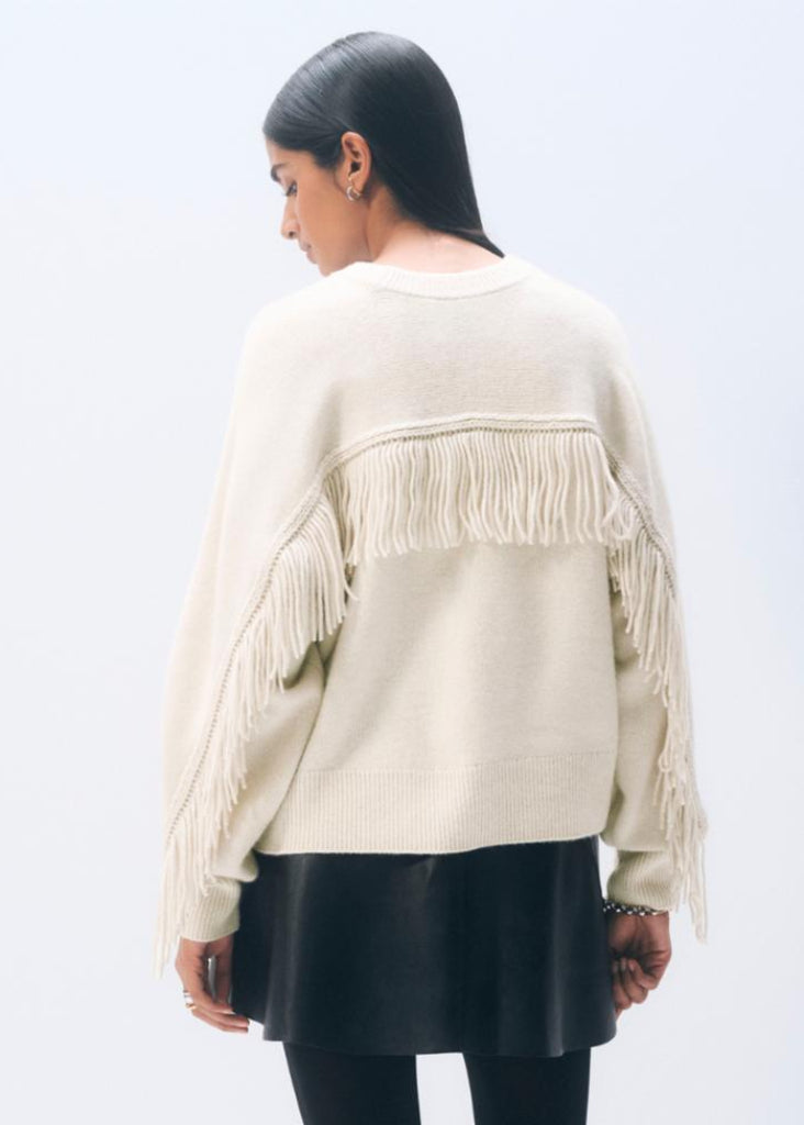 White + Warren | Cashmere Blend Luxe Fringe Crew | Ivory
