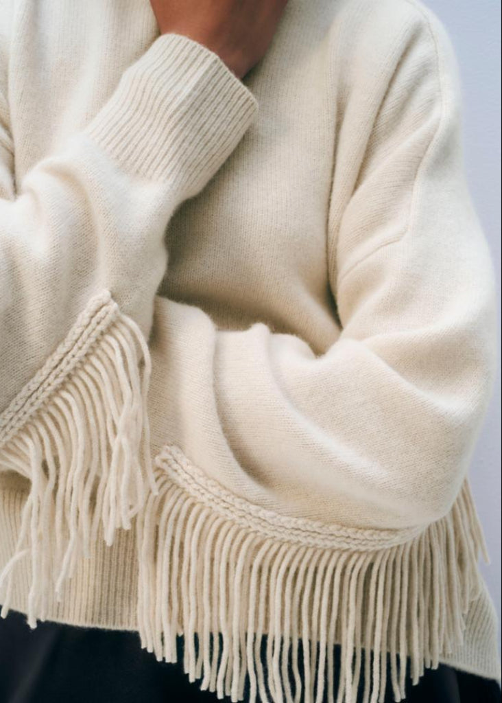 White + Warren | Cashmere Blend Luxe Fringe Crew | Ivory