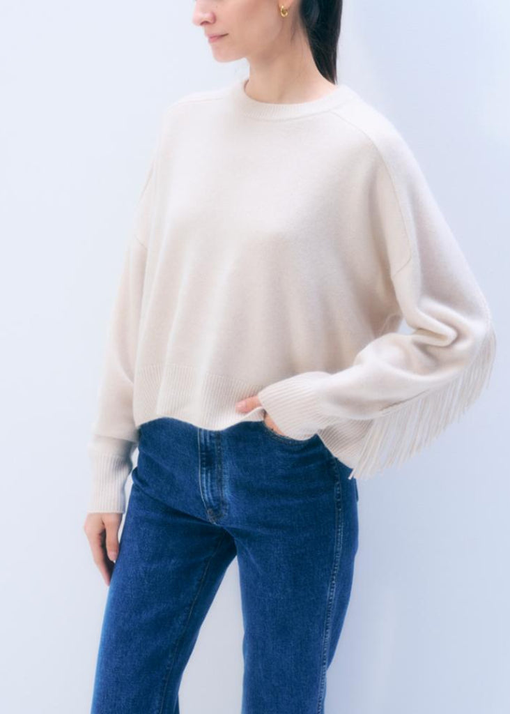 White + Warren | Cashmere Blend Luxe Fringe Crew | Ivory