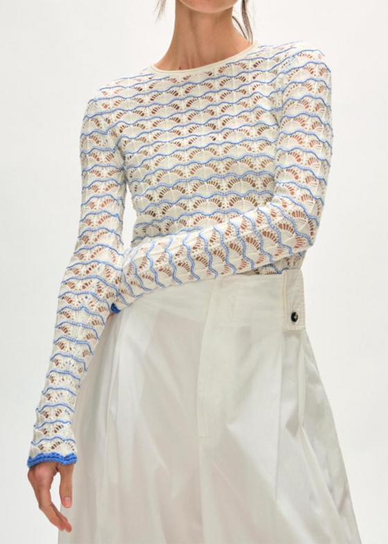 White + Warren | Cotton Blend Pointelle Stitch Top - White/Azure Blue