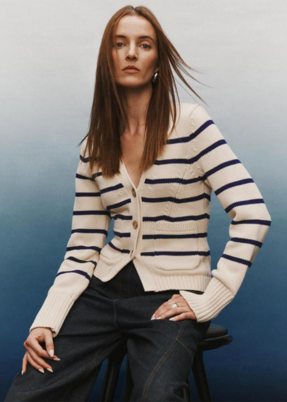 White + Warren | Organic Cotton Waisted Pocket Cardigan - Ivory with Navy Stripes