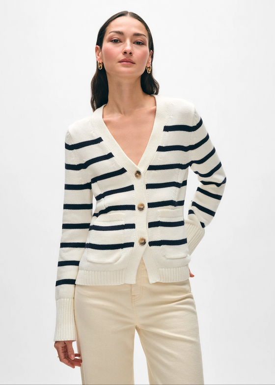 White + Warren | Organic Cotton Waisted Pocket Cardigan - Ivory with Navy Stripes