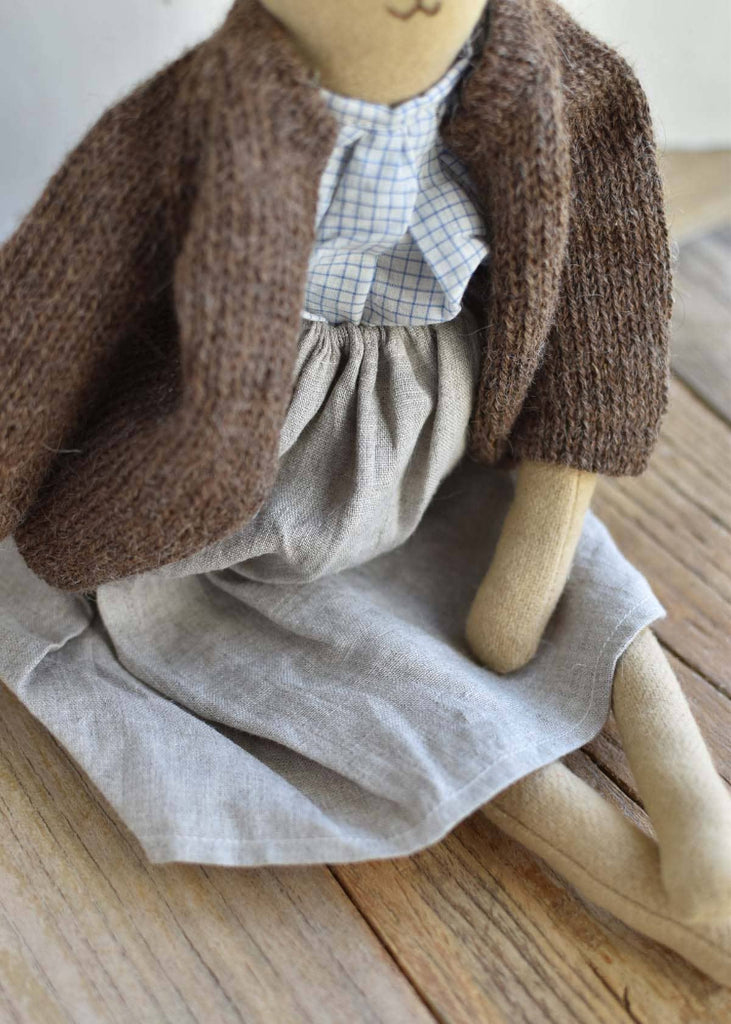 Woolgrass Farm | Agatha the Bear | Island Cardigan & Flax Linen Dress