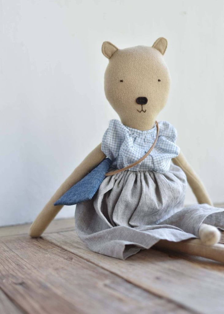 Woolgrass Farm | Agatha the Bear | Island Cardigan & Flax Linen Dress