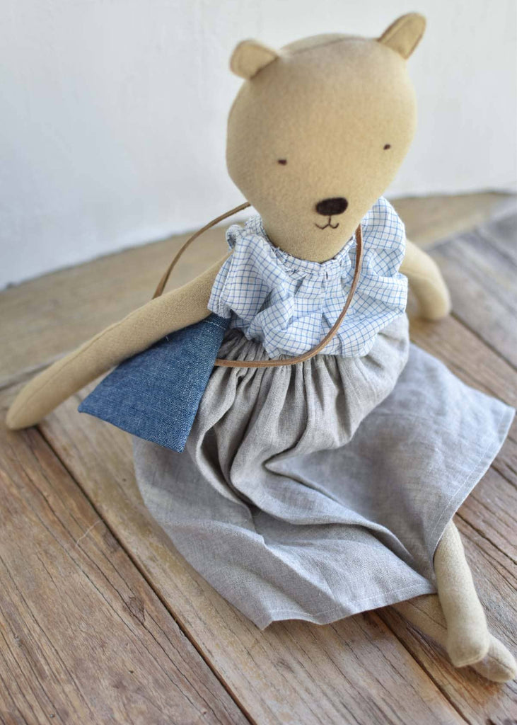 Woolgrass Farm | Agatha the Bear | Island Cardigan & Flax Linen Dress