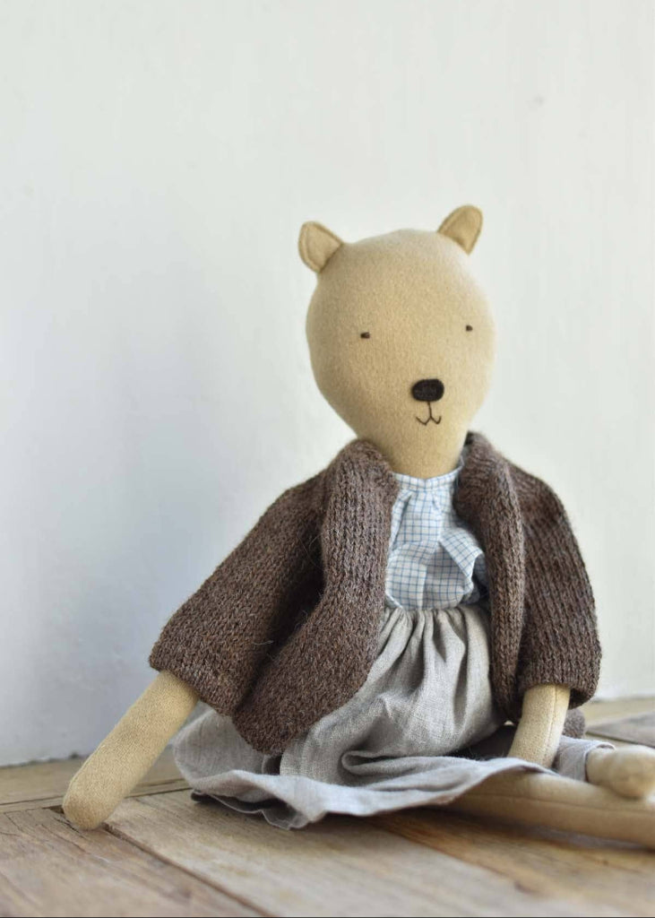 Woolgrass Farm | Agatha the Bear | Island Cardigan & Flax Linen Dress