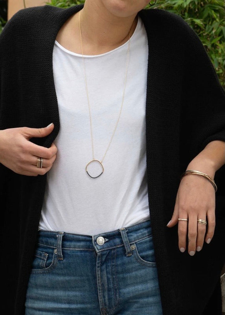 Colleen Mauer Designs | Long Black + Rose Gold Rounded Square Necklace