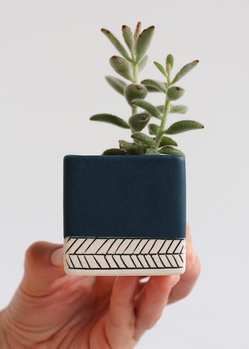 Elizabeth Benotti Ceramics | Square Herringbone Planter | Small | Deep Ocean