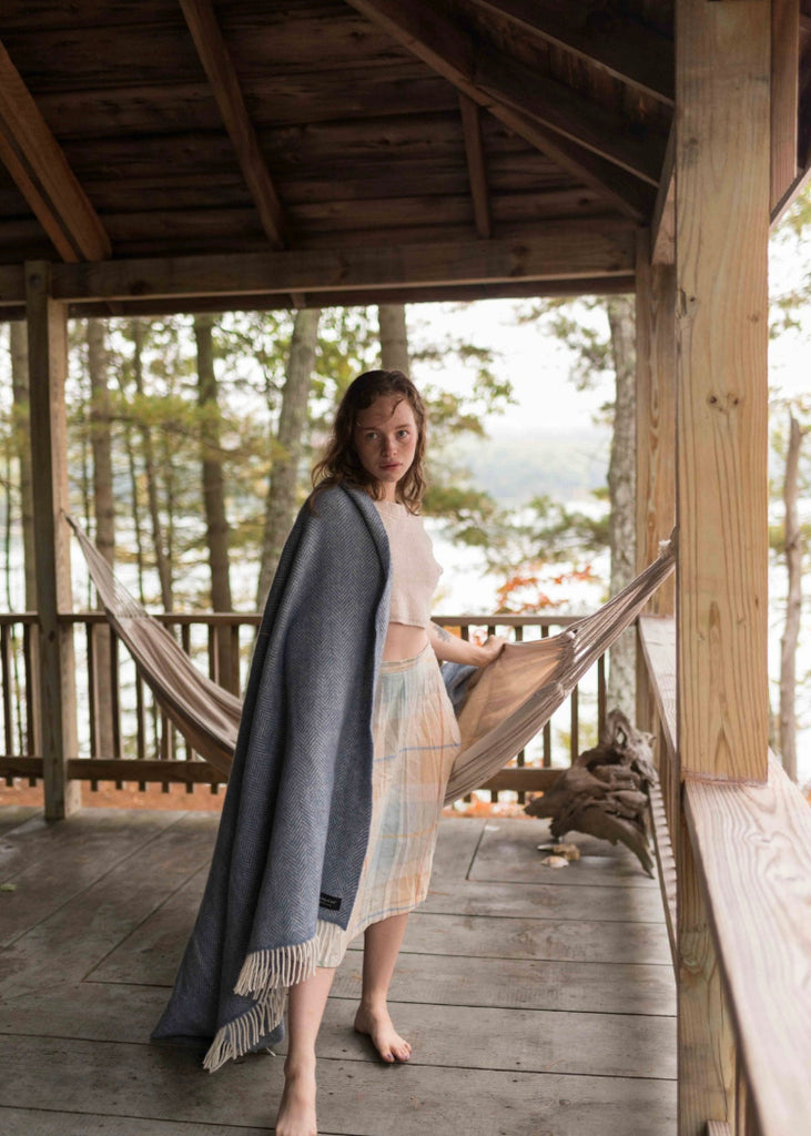 Evangeline Linens | Merino Cashmere Herringbone Throw | Twilight