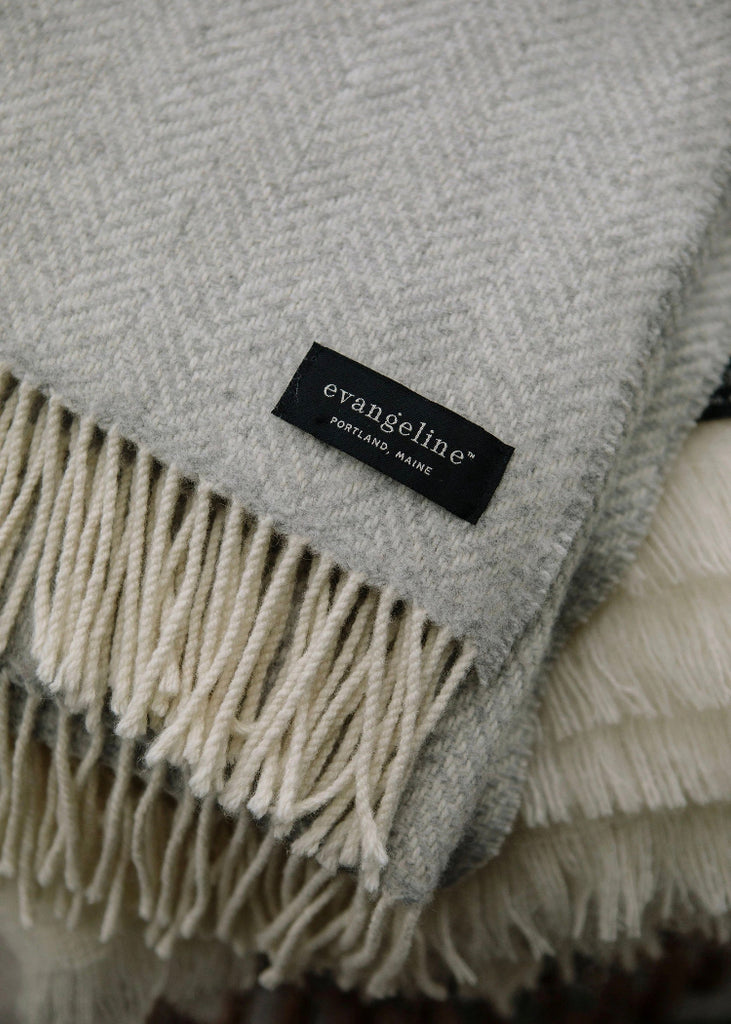 Evangeline | Merino Cashmere Herringbone Throw | Fog