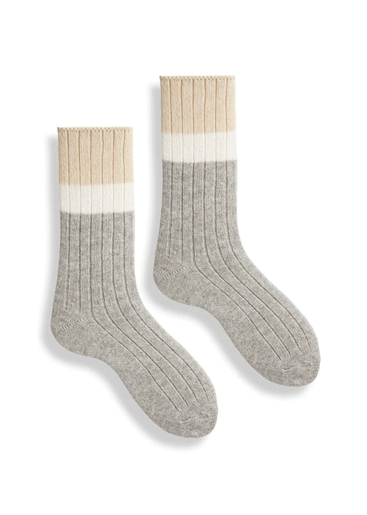 Lisa b. | Ribbed Colorblock Wool Cashmere Crew Socks | Light Grey Heather