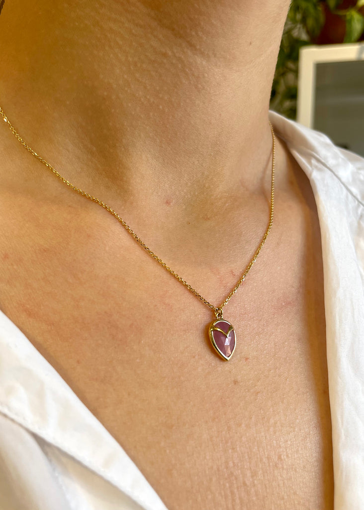 Rachel Atherley | Owl Pendant in 18k Gold + Pink Sapphire